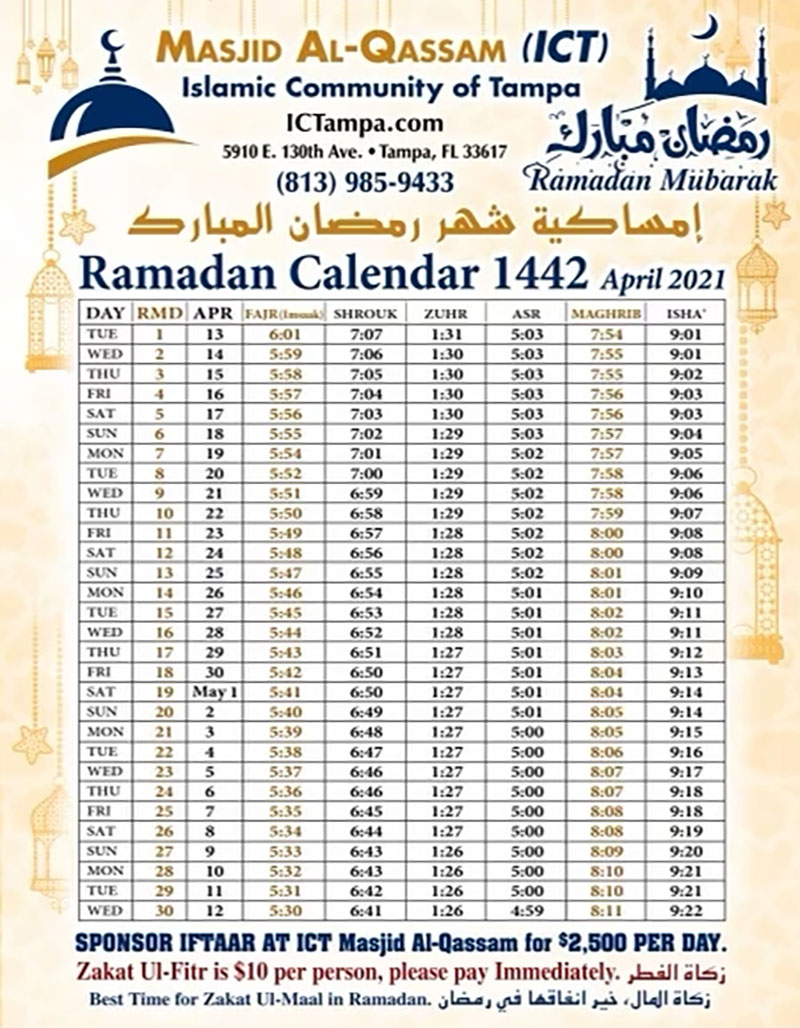 Ramadan Calendar 2021 Islamic Community of Tampa